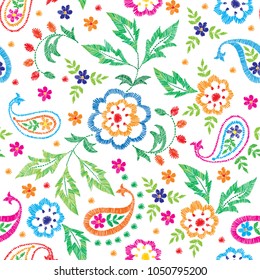 Vector seamless embroidery paisley pattern, decorative textile ornament, pillow or bandana decor. Bohemian handmade style background design.