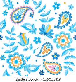 Vector seamless embroidery paisley pattern, decorative textile ornament, pillow or bandana decor. Bohemian handmade style background design.