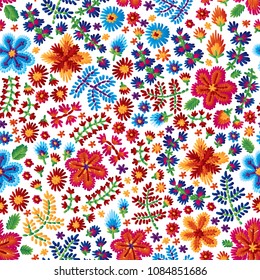 Vector seamless embroidery pattern, decorative textile ornament, pillow or bandana decor. Bohemian handmade style background design.