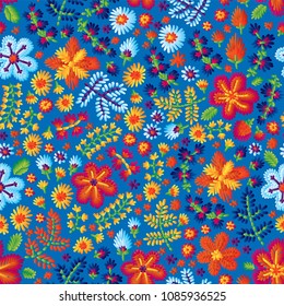 Vector seamless embroidery pattern, decorative textile ornament, pillow or bandana decor. Bohemian handmade style background design.