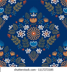 Vector seamless embroidery pattern, decorative textile ornament, pillow or bandana decor. Bohemian handmade style background design.