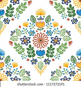 Vector seamless embroidery pattern, decorative textile ornament, pillow or bandana decor. Bohemian handmade style background design.