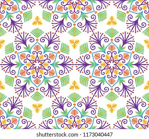 Vector seamless embroidery pattern, decorative textile ornament, pillow or bandana decor. Bohemian handmade style background design.