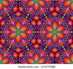 Vector seamless embroidery pattern, decorative textile ornament, pillow or bandana decor. Bohemian handmade style background design.