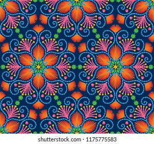 Vector seamless embroidery pattern, decorative textile ornament, pillow or bandana decor. Bohemian handmade style background design.
