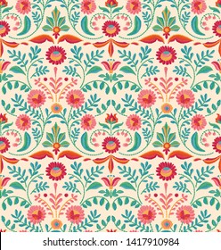 Vector seamless embroidery pattern, decorative textile ornament, pillow or bandana decor. Bohemian handmade style background design.