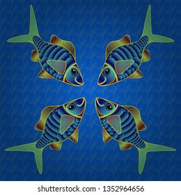 Vector seamless embroidery sea life, sea shells, tropical fishes pattern. Yellow, blue and green tropical sea, wave, fishes, seamless fashion pattern. Fashionable clothes, t-shirt design.
