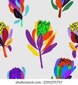 Vector seamless endless bright pattern, exotic protea. For printing on fabric, wallpaper, paper. Flat vector design	
