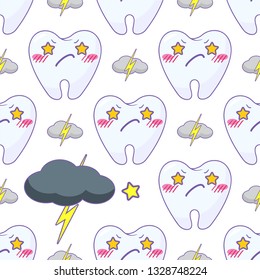 Vector seamless endless pattern, abstract design. Angry, grumpy teeth with kawaii faces and cute thunderbolt on white background. Cartoon anime characters for baby or kids design, dental room,  clinic