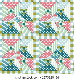 Vector seamless endless pattern, abstract quilt design. Patchwork backgrounds with imitation of sewing, stitched patches. Abstract design looks like tribal, folk style blanket 