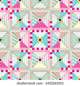 Vector seamless endless pattern, abstract quilt design. Patchwork backgrounds with imitation of sewing, stitched patches. Abstract design looks like tribal, folk style blanket 