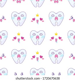 Vector seamless endless pattern, abstract design. Crazy, mad teeth with kawaii faces and cute smiles on white background. Cartoon anime characters for funny design, dental room or clinic