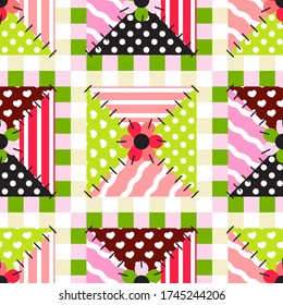 Vector seamless endless pattern, abstract tribal style textile, texture. Quilt with imitation of sewing, stitched patches. Abstract design, perfect for fabric, background, wallpaper, folk ornament