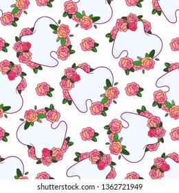 Vector seamless endless pattern. Beautiful dental design. Cute healthy teeth with rose flowers and leaves on white backgrounds. Background perfect for prints, textures, textile, wallpaper and more