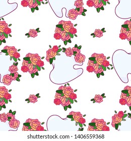 Vector seamless endless pattern. Beautiful dental design. Cute healthy teeth with rose flowers and leaves on white backgrounds. Background perfect for prints, textures, textile, wallpaper and more