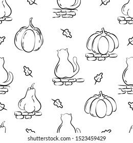 Vector seamless endless pattern with cats and pumpkins on a brick wall. Isolated  
objects on white background in doodle style.For wrapping paper,gift wrap,textile,wallpapers,book covers
