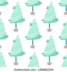 Vector seamless, endless pattern. Cute abstract trees with leaves in flower pot. Abstract design, perfect for fabric, cotton, textile, texture background, wallpaper, kids ornament 