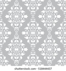 Vector seamless endless pattern. Damask pattern in white and silver grey colors. Flourish texture, minimalistic style background. Abstract design, perfect for fabric, wallpaper, paper print