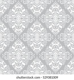 Vector seamless endless pattern. Damask pattern in white and silver grey colors. Undersea Seaweed texture, minimalistic style background. Abstract design, perfect for fabric, wallpaper, paper print  