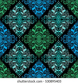 Vector seamless endless pattern. Damask pattern in water blue, green colors. Undersea Seaweed texture, minimalistic style background. Abstract design, perfect for fabric, wallpaper, paper print 
