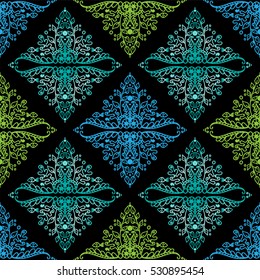 Vector seamless endless pattern. Damask pattern in water blue, green colors. Undersea Seaweed texture, minimalistic style background. Abstract design, perfect for fabric, wallpaper, paper print 