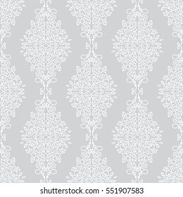 Vector seamless endless pattern. Damask pattern in white and silver grey colors. Victorian texture, minimalistic style background. Abstract design, perfect for fabric, wallpaper, paper print 