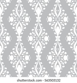 Vector seamless endless pattern. Damask pattern in white and silver grey colors. Flourish texture, minimalistic style background. Abstract design, perfect for fabric, wallpaper, paper print