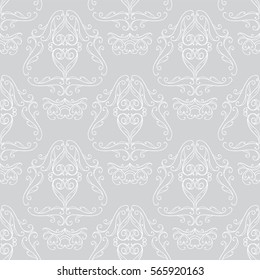 Vector seamless endless pattern. Damask pattern in white and silver grey colors. Floral wave texture, vintage style background. Abstract design, perfect for fabric, wallpaper, paper print  