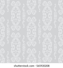 Vector seamless endless pattern. Damask pattern in white and silver grey colors. Floral wave texture, vintage style background. Abstract design, perfect for fabric, wallpaper, paper print