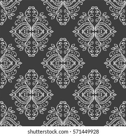 Vector seamless endless pattern. Damask pattern in white and black colors. Victorian texture, minimalistic style background. Abstract chalkboard design, perfect for fabric, wallpaper, paper print 