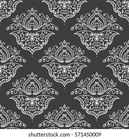Vector seamless endless pattern. Damask pattern in white and black colors. Victorian texture, minimalistic style background. Abstract chalkboard design, perfect for fabric, wallpaper, paper print 