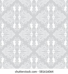 Vector seamless endless pattern. Damask pattern in white and silver grey colors. Victorian texture, minimalistic style background. Abstract design, perfect for fabric, wallpaper, paper print 