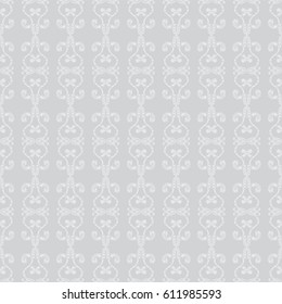 Vector seamless endless pattern. Damask pattern in white and silver grey colors. Feathers texture, vintage style background. Abstract design, perfect for fabric, wallpaper, paper print 