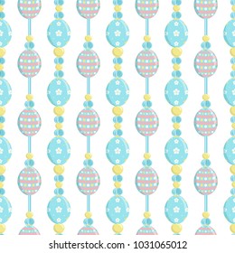 Vector seamless endless pattern. Easter design, eggs and beads on cord with cute ornament. Minimalistic flat style. Punchy pastel trendy colors. Perfect for Easter backgrounds, paper, textile decor