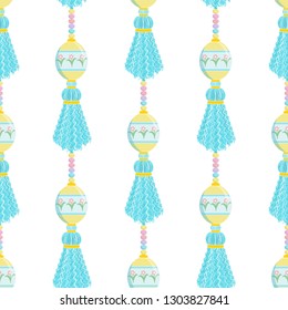 Vector seamless endless pattern. Easter design, tassel with eggs and beads on cord. Minimalistic flat style. Punchy pastel trendy colors. Perfect for Easter or spring backgrounds, paper, textile decor