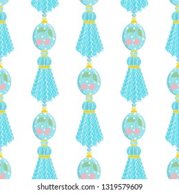 Vector seamless endless pattern. Easter design, tassel with eggs and beads on cord. Minimalistic flat style. Punchy pastel trendy colors. Perfect for Easter or spring backgrounds, paper, textile decor