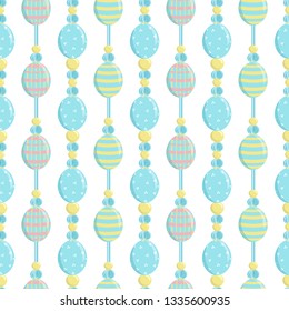 Vector seamless endless pattern. Easter design, eggs and beads on cord with cute ornament. Minimalistic flat style. Punchy pastel trendy colors. Perfect for Easter or spring backgrounds, paper
