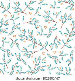 Vector seamless endless pattern. Forest trees texture, branches with leaves, roses. Minimalistic style background. Abstract design, perfect for fabric, wallpaper, paper print