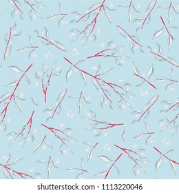 Vector seamless endless pattern. Forest trees texture, branches with leaves, roses. Minimalistic style background. Abstract design, perfect for fabric, wallpaper, paper print