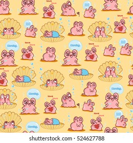 Vector seamless endless pattern. Illustration of kawaii pearl oyster. Vector cartoon background, ornate pattern in cute style. Pink, yellow, blue, white colors. Pretty design