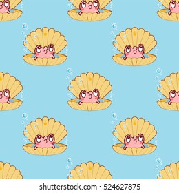 Vector seamless endless pattern. Illustration of kawaii pearl oyster with shell. Vector cartoon background, ornate pattern in cute style. Pink, yellow, blue, white colors