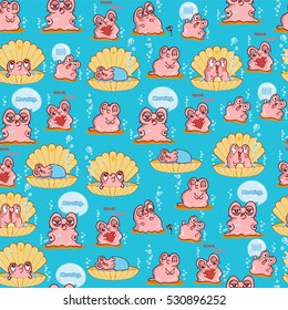 Vector seamless endless pattern. Illustration of kawaii pearl oyster. Vector cartoon background, ornate pattern in cute style. Pink, yellow, blue, white colors 