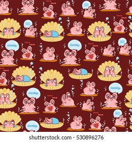 Vector seamless endless pattern. Illustration of kawaii pearl oyster. Vector cartoon background, ornate pattern in cute style. Pink, yellow, blue, white colors 