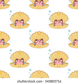 Vector seamless endless pattern. Illustration of kawaii pearl oyster. Vector cartoon background, ornate pattern in cute style. Pink, yellow, blue, white colors