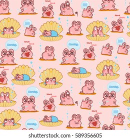 Vector seamless endless pattern. Illustration of kawaii pearl oyster. Vector cartoon background, ornate pattern in cute style. Pink, yellow, blue, white colors 
