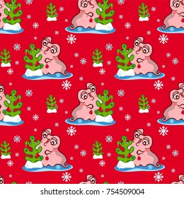 Vector seamless endless pattern. Illustration of kawaii pearl oyster with Christmas tree and snowflakes on red background. Vector cartoon background in holiday style
