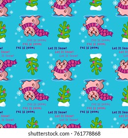 Vector seamless endless pattern. Illustration of kawaii pearl oyster with Christmas tree and winter scarp. Vector cartoon background, blue with snowflakes
