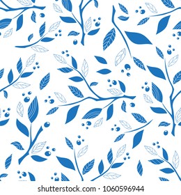 Vector seamless endless pattern. Lovely branches with leaves and olives or berries. Minimalistic style background. Abstract design, perfect for fabric, wallpaper, paper print