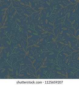 Vector seamless endless pattern. Lovely meadow texture, lineout of branches with leaves. Minimalistic style background. Abstract design, perfect for fabric, wallpaper, paper print