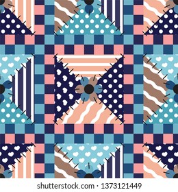 Vector seamless endless pattern.  Patchwork pattern, folk style texture. Lovely quilt with imitation of sewing, stitched patches. Abstract design, perfect for fabric, background, wallpaper, ornament